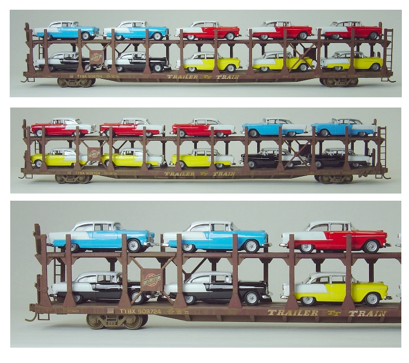 CNW bi-level auto rack with '55 Chevys